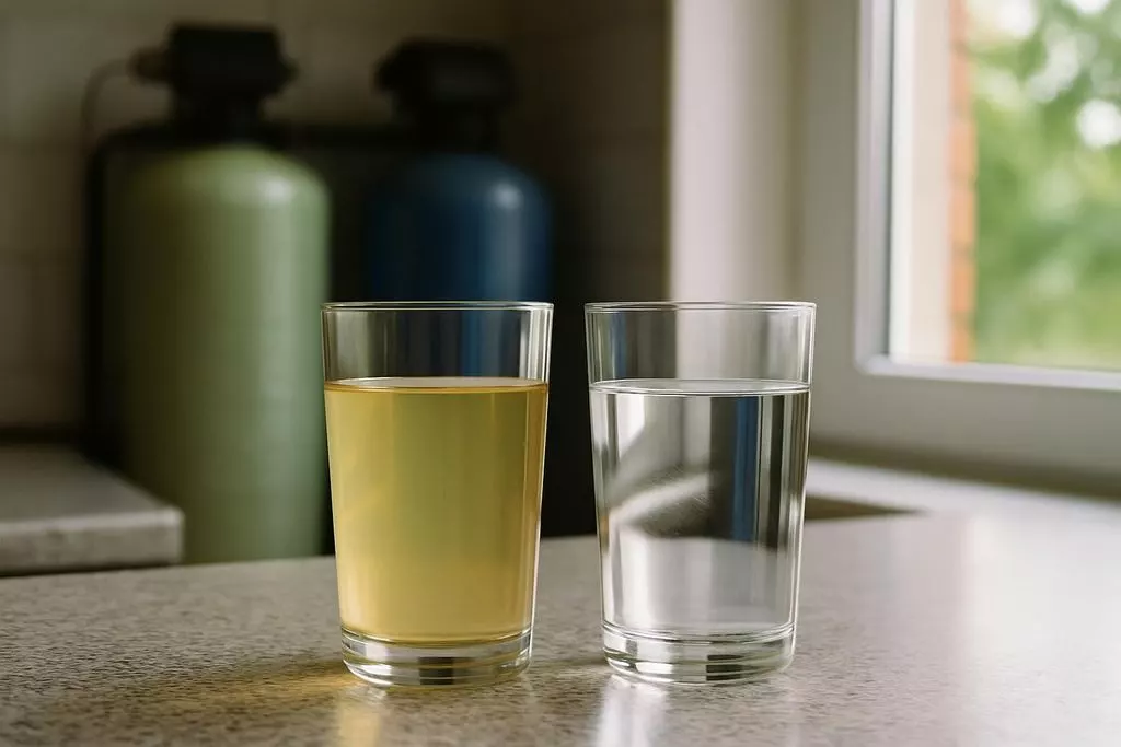 Желтоватая вода после фильтра и чистая вода